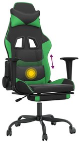 Cadeira gaming massagens c/ apoio pés couro artif. preto/verde