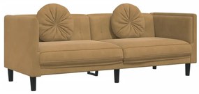 3 pcs conjunto de sofás com almofadas veludo castanho