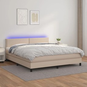 Cama box spring c/colchão/LED 180x200cm couro artif. cappuccino