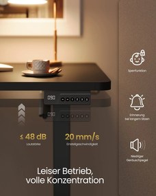 Secretária elétrica ajustável em altura 120 x 60 x (72-120) cm, preta