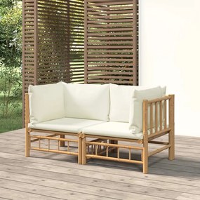 vidaXL 2pcs Sofás de canto para jardim bambu c/ almofadões branco nata