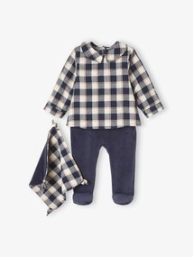 Pijama 2 em 1 com boneco-doudou a condizer, para bebé menino azul escuro liso com motivo