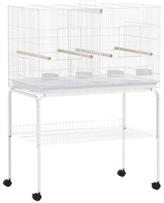 PawHut Gaiola para Passarinho com Divisória Rodas Gaiola para Aves com Comedouros Poleiros e Bandeja Removível 94x57x128 cm Branco | Aosom Portugal