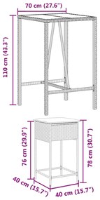 3 pcs conjunto de bar p/ jardim c/ almofadões vime PE cinzento