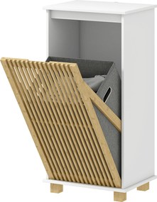 Móvel de casa de banho com cesto para roupa suja, porta com ripas de bambu e saco removível, branco e com efeito de madeira natural