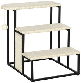PawHut Escada para Cães com 3 Degraus Bola Suspensa Painel para Arranhar e Estrutura de Aço 47x45x47 cm Creme e Preto | Aosom Portugal