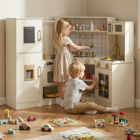 Cozinha de Brinquedo de Canto, 134 x 71 x 90 cm, Torneira com Circulação de Água, Bege