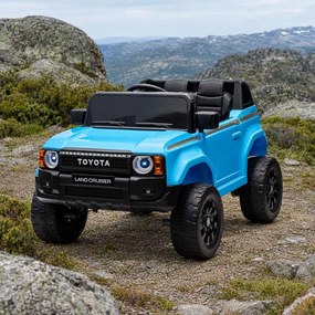 Jipe elétrico para crianças Toyota Landcruiser 12V controlo remoto de 2,4 GHz, entrada USB/AUX, Bluetooth, suspensão, bateria de lítio, luzes LED Azul