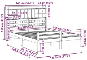 Cama com estante sem colchão 140x200 cm pinho maciço branco