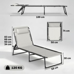 Conjunto de 2 espreguiçadeiras dobráveis com encosto reclinável em várias posições, em aço, com tiras elásticas e tecido textilene creme