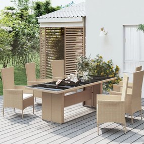 vidaXL Mesa de jardim c/ tampo de vidro vime PE/vidro temperado bege