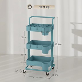 Carrinho de Cozinha de Armazenamento com 4 Ganchos 3 Cestas Removíveis 3 Caixas Suspensas 42x38x86,5cm Azul
