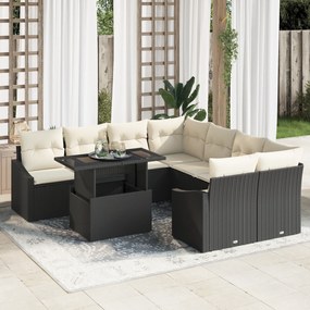 Conjunto de Sofá de Jardim com 9 Peças e Almofadas Preto em Rattan