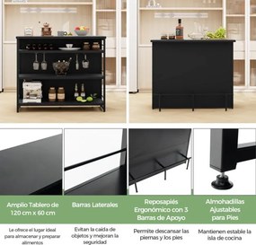 Mesa de bar alta de cozinha 4 níveis com 3 Estantes Prateleiras para vinhos Ilha de cozinha 120 x 60 x 101 cm Preto