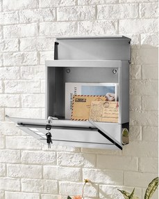 Caixa de correio de parede 37 x 10,5 x 37 cm com compartimento para jornais, prateada