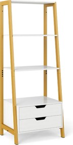 Estante em forma escada 52 x 39,5 x 134 cm com 4 prateleiras abertas e 2 gavetas Branco + Dourado