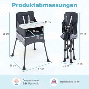 Cadeira refeições dobrável para bebé com tabuleiro ajustável e bolsa de transporte, cadeira infantil, cadeira para bebé cinza