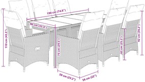 9 pcs conjunto de jantar p/ jardim c/ almofadões vime PE cinza