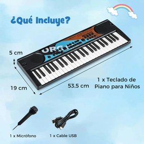 Teclado de piano para crianças elétrico portátil de 49 teclas com 8 ritmos, 8 tons e 10 demonstrações Instrumento musical preto