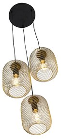 Candeeiro suspenso Art Déco ouro 45 cm 3 luzes - Bliss Mesh Industrial