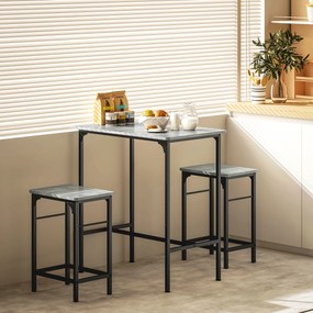 Conjunto de mesa de bar com 2 bancos, estrutura em aço para cozinha, sala de jantar e sala de estar, cinzento