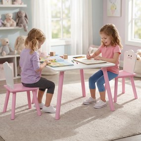 Conjunto Mesa e 2 Cadeiras para Crianças 3-6 Anos em Madeira com Cantos Arredondados, Tema Algodão Doce, Rosa