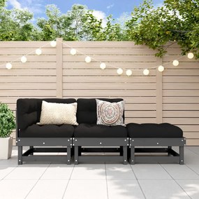 3 pcs conjunto lounge de jardim madeira de pinho maciça cinza