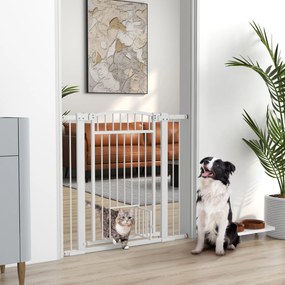 Barreira de segurança para cães com sistema de duplo bloqueio, montagem por pressão ou perfuração, largura 76-104 cm, branca