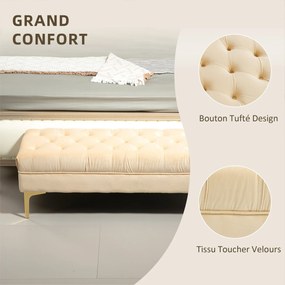 Banco estofado para colocar ao pé da cama, estilo clássico-chique, dim. 118 x 45 x 42 cm, pés em metal dourado, veludo bege
