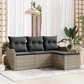 Conjunto de Sofá de Jardim de 4 Peças com Almofadas Cinza Claro Rattan Poliéster