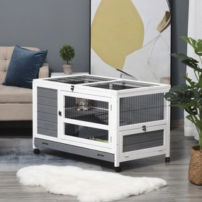 Coelheira de madeira para coelhos 102 C x 60 L x 63,5 A cm, modelo «villa», com tabuleiro deslizante, porta com fechadura e tampa que se abre, na cor
