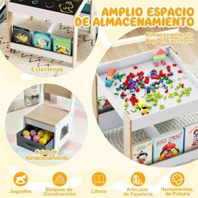 Conjunto de mesa e cadeiras para crianças Mesa de atividades em madeira com tampo reversível Prateleiras para livros e gavetas Natural + Branco