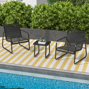Conjunto Jardim 3 peças com mesa e 2 cadeiras de metal para exterior com tecido respirável e tampo de mesa em vidro preto