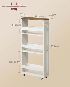 Carrinho estreito com 4 prateleiras 15 x 43,2 x 86,5 cm branco + castanho