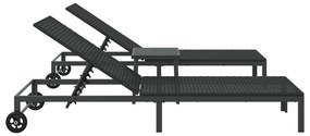 Espreguiçadeiras 2 pcs com Rodas e Mesa em Rattan Preto