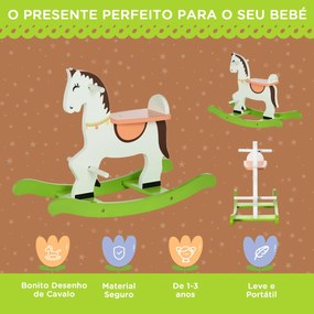 Cavalo Baloiço para Crianças de 1-3 Anos Cavalo Baloiço de Madeira com Guiador e Apoio para os Pés Carga Máxima 50kg 68x27x50cm Branco e Verde