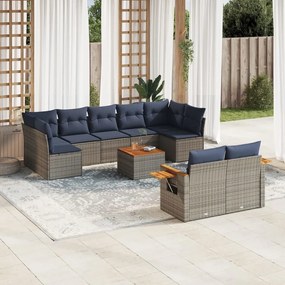 10 pcs conjunto sofás p/ jardim c/ almofadões vime PE cinzento