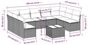 10 pcs conjunto sofás de jardim c/ almofadões vime PE cinzento