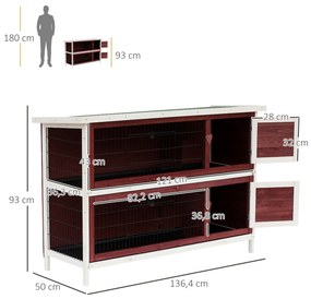 Coelheira de Madeira Exterior de 2 Níveis Gaiola para Coelhos com Teto Asfáltico 4 Portas e Bandejas Removíveis 136x50x93cm Marrom Avermelhado