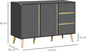 Aparador baixo com 2 portas e 3 gavetas, estilo escandinavo, 120 x 40 x 80 cm, cinza