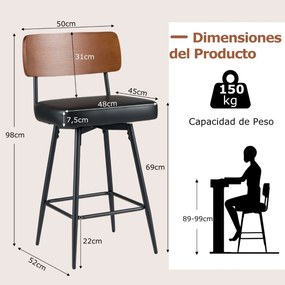 Bancos giratórios modernos para bar, almofadados, com encosto e apoio para os pés em metal, em couro sintético, para cozinha e sala de jantar, castanh