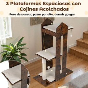 Arranhador para gatos 80 x 40 x 120 cm de interior Torre de madeira com poste de sisal para arranhar Bolas suspensas Almofadas de pelúcia laváveis Cas