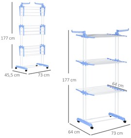 Estendal Dobrável para Roupa com Rodas Estendal Vertical de Aço com 3 Níveis Laterais Dobráveis 73x64x177cm Azul e Branco