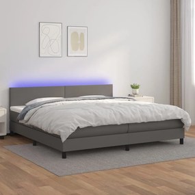 Cama box spring c/ colchão/LED 200x200cm couro artificial cinza