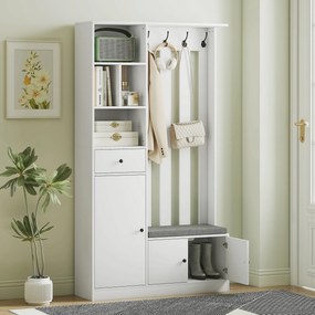 Móvel de entrada 4 em 1 100 x 30 x 180 cm, guarda-roupa de entrada com banco com espaço de arrumação, prateleira ajustável, 4 ganchos, branco