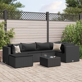 7 pcs conjunto lounge de jardim c/ almofadões vime PE preto