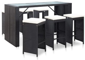 vidaXL 7 pcs conjunto bar para jardim c/ almofadões vime PE preto