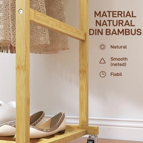 Charriot com Rodas de Bambu com Sapateira 2 Barras para Pendurar para Entrada Corredor Quarto 80x40x160 cm Madeira