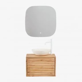 Conjunto De Móveis De Banheiro De Madeira Suspensos Deleyna Madeira Natural & Cimento Redondo Branco Ø40 Cm Zavion & Quadrado Led - Sklum