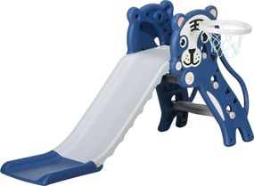 AIYAPLAY Escorrega para Crianças 2 em 1 com 2 Degraus Cesta de Basquetebol e Desenho de Tigre para Interior 133x60x70 cm Azul | Aosom Portugal